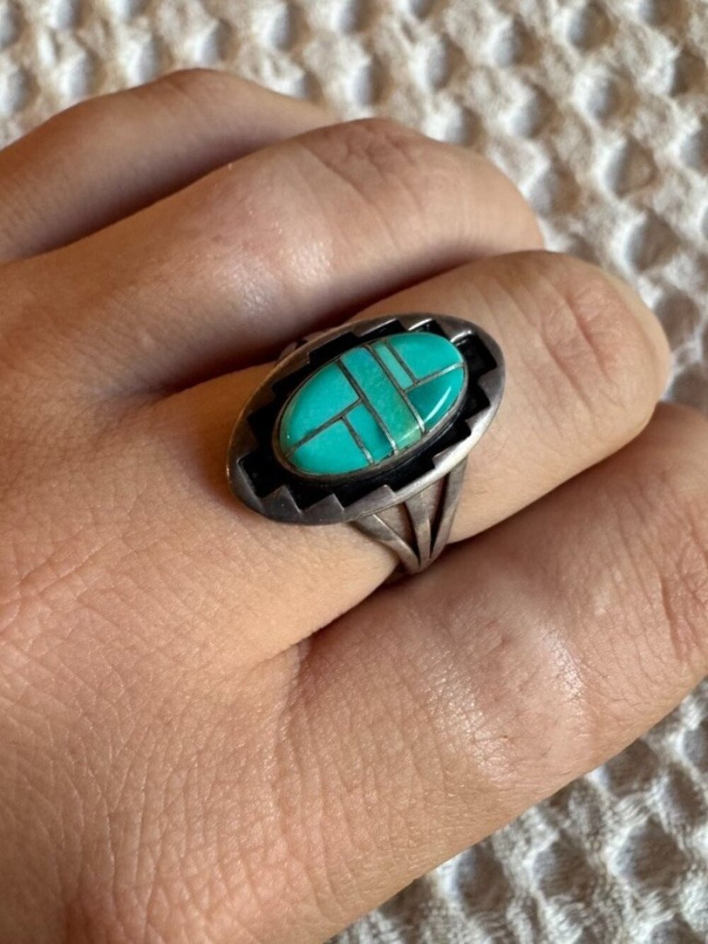 Vintage Teme Navajo Sterling 925 Blue Turquoise Shado Box Boho Western Ring Sz 8